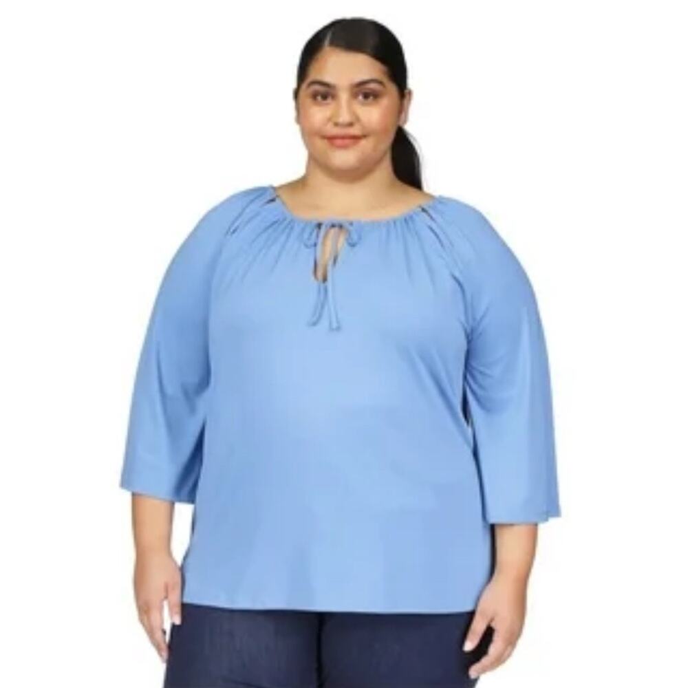NEW MICHAEL Michael Kors Blue Peasant Keyhole Blouse, 1X - Picture 4 of 13
